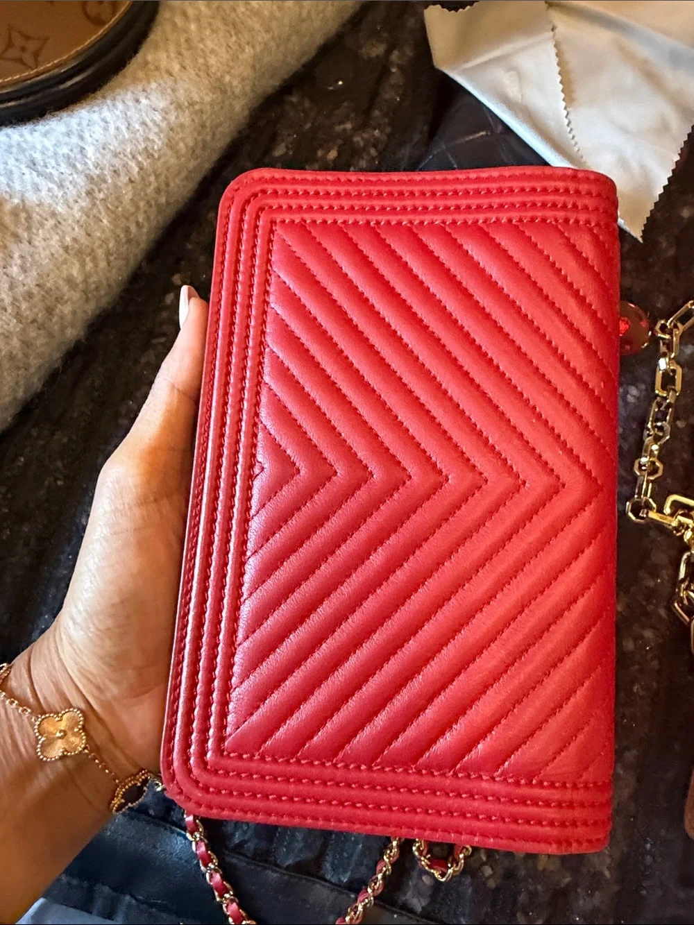 CHANEL Red Chevron Quilted Leather Crossbody with Gold Chain